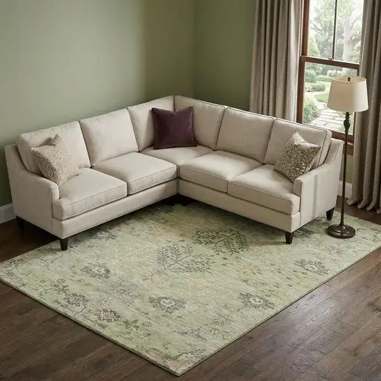 Artichoke Green Gold And Beige Floral Washable Area Rug With UV Protection Photo 1