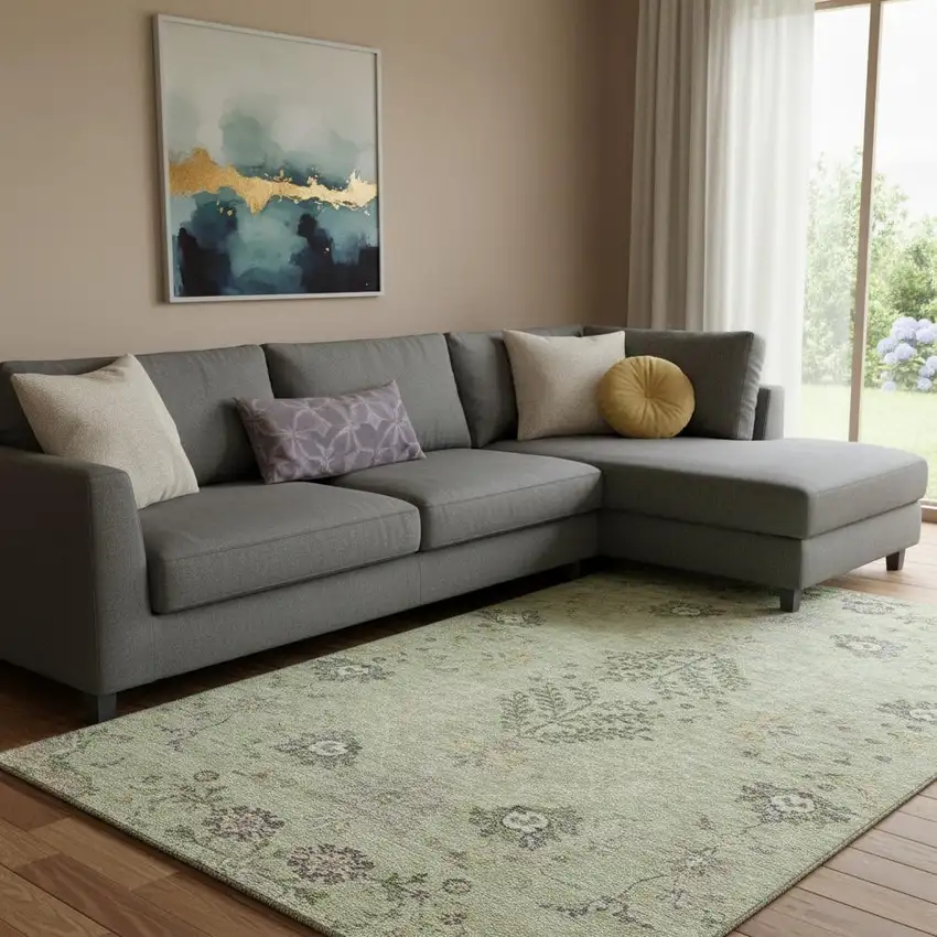 Artichoke Green Gold And Beige Floral Washable Area Rug With UV Protection Photo 2