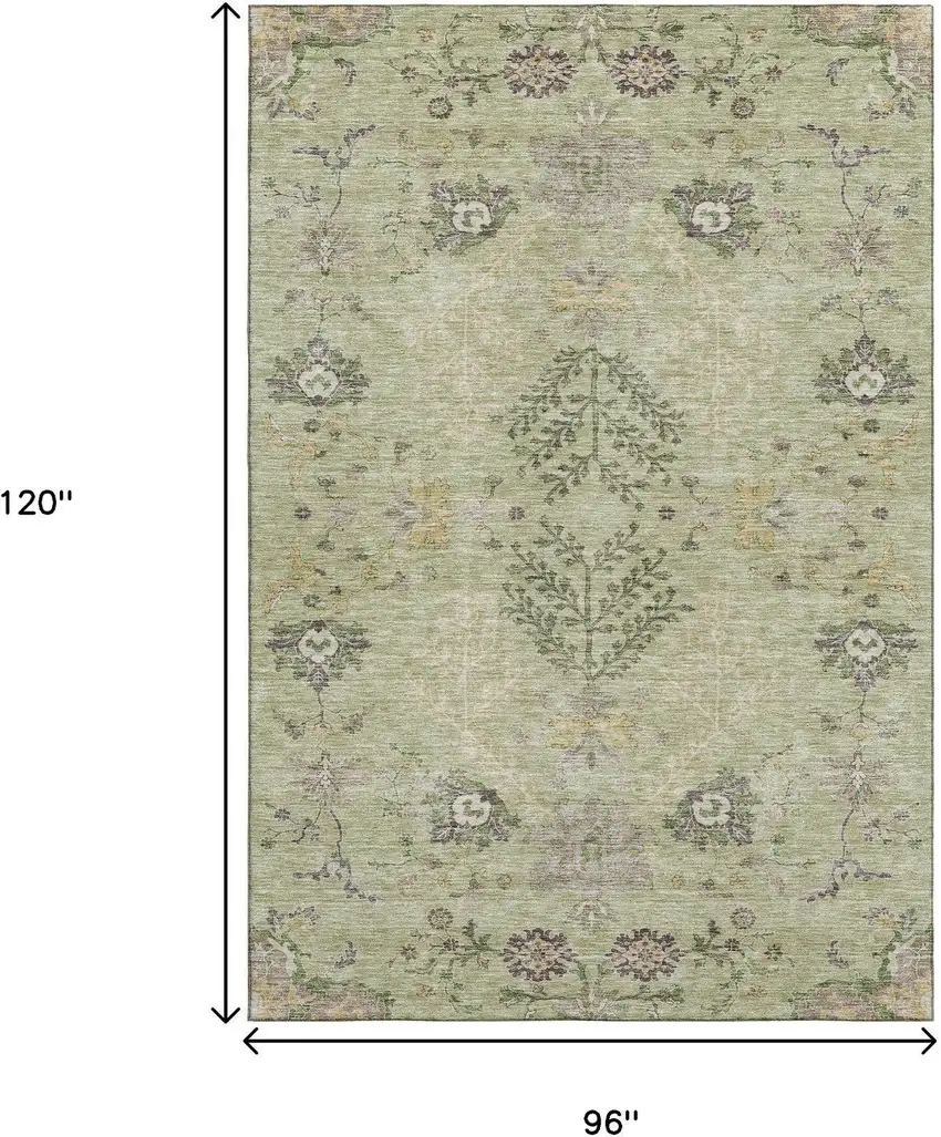 Artichoke Green Gold And Beige Floral Washable Area Rug With UV Protection Photo 6