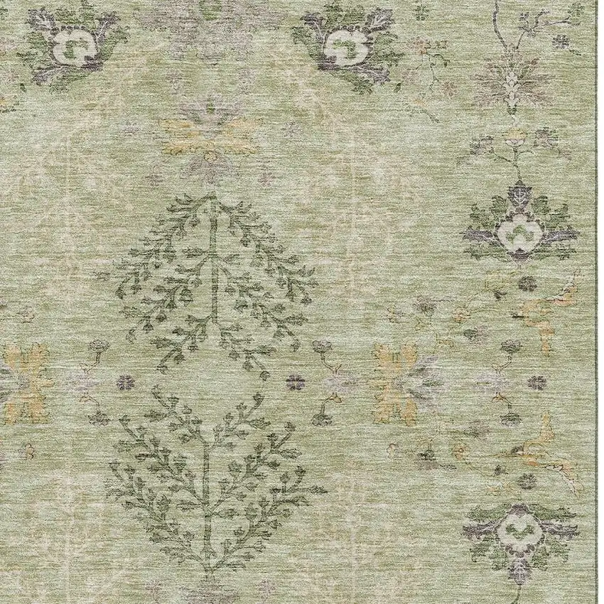 Artichoke Green Gold And Beige Floral Washable Area Rug With UV Protection Photo 2