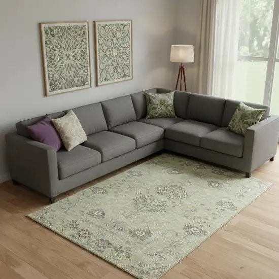 Artichoke Green Gold And Beige Floral Washable Area Rug With UV Protection Photo 2