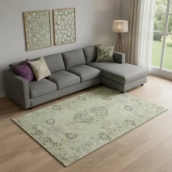 Artichoke Green Gold And Beige Floral Washable Area Rug With UV Protection Photo 2
