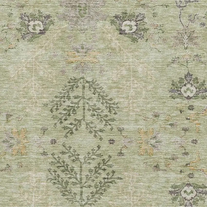 Artichoke Green Gold And Beige Floral Washable Area Rug With UV Protection Photo 2
