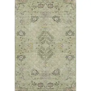 Photo of Artichoke Green Gold And Beige Floral Washable Area Rug With UV Protection