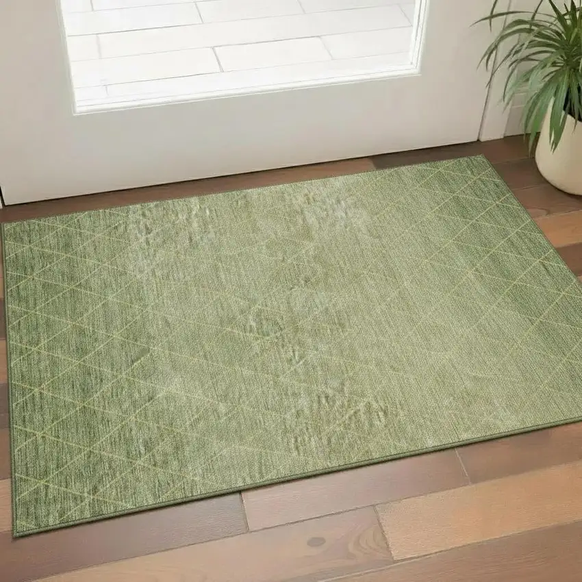 Artichoke Green Gold And Beige Geometric Washable Area Rug With UV Protection Photo 2