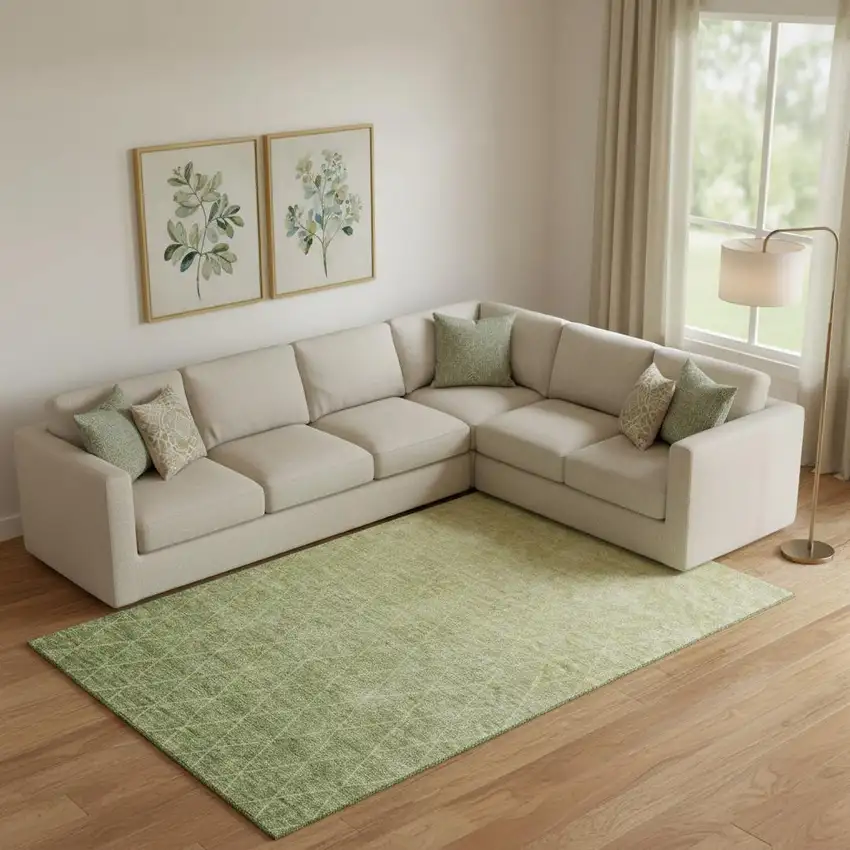 Artichoke Green Gold And Beige Geometric Washable Area Rug With UV Protection Photo 2