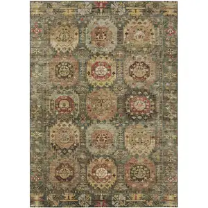 Photo of Artichoke Green Gold And Beige Medallion Washable Indoor Outdoor Area Rug