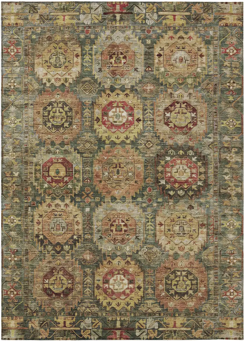 Artichoke Green Gold And Beige Medallion Washable Indoor Outdoor Area Rug Photo 1