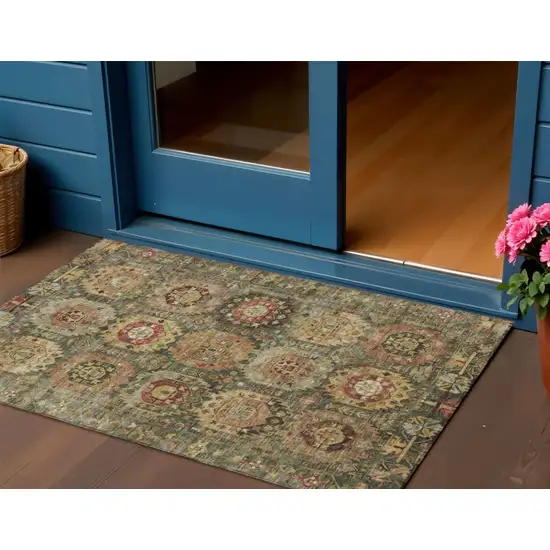 Artichoke Green Gold And Beige Medallion Washable Indoor Outdoor Area Rug Photo 2