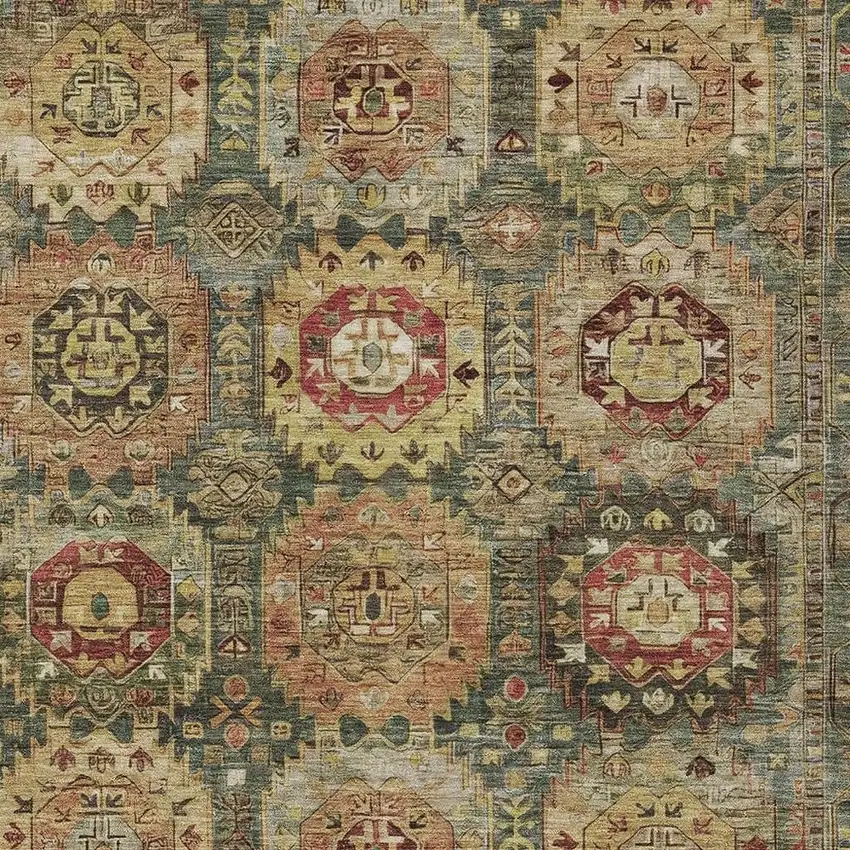 Artichoke Green Gold And Beige Medallion Washable Indoor Outdoor Area Rug Photo 4