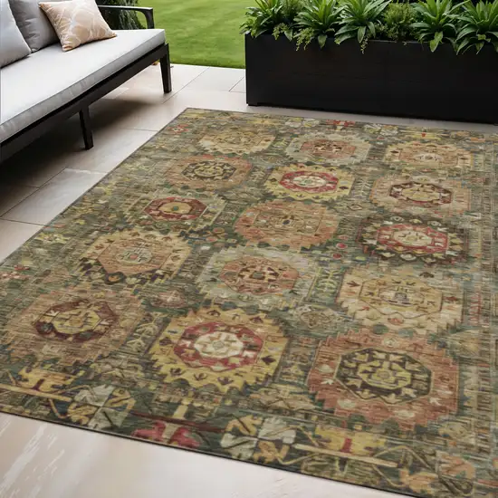 Artichoke Green Gold And Beige Medallion Washable Indoor Outdoor Area Rug Photo 2