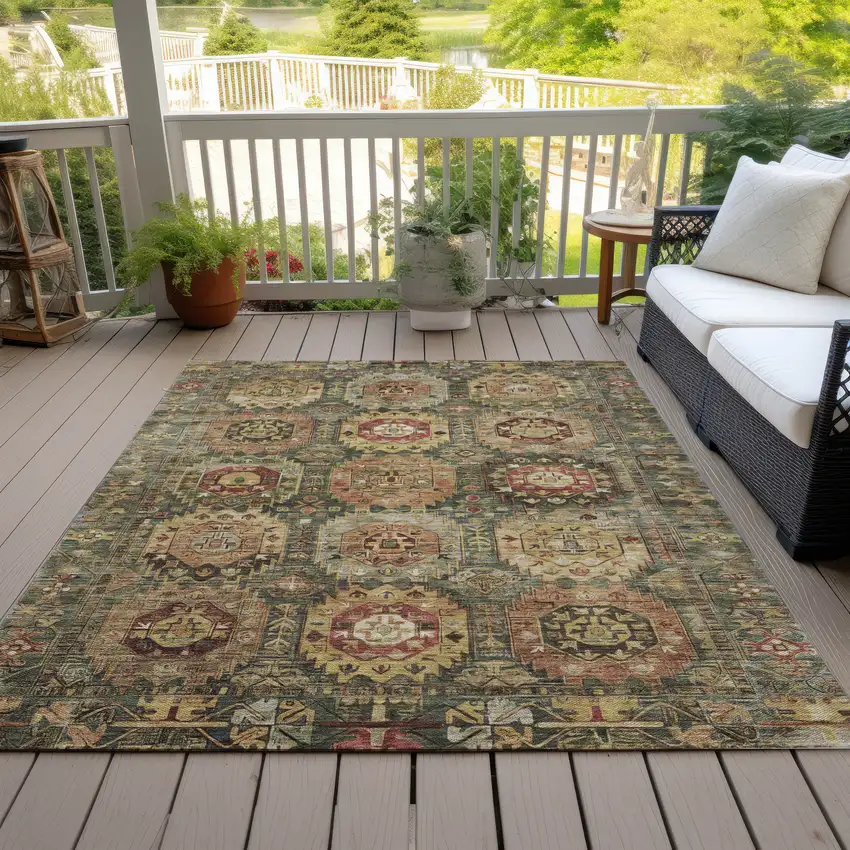 Artichoke Green Gold And Beige Medallion Washable Indoor Outdoor Area Rug Photo 7