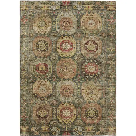 Artichoke Green Gold And Beige Medallion Washable Indoor Outdoor Area Rug Photo 1