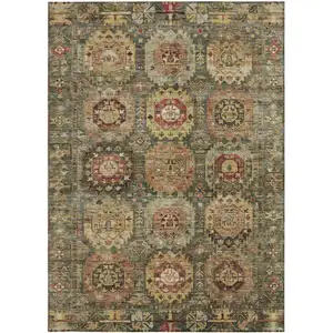 Photo of Artichoke Green Gold And Beige Medallion Washable Indoor Outdoor Area Rug