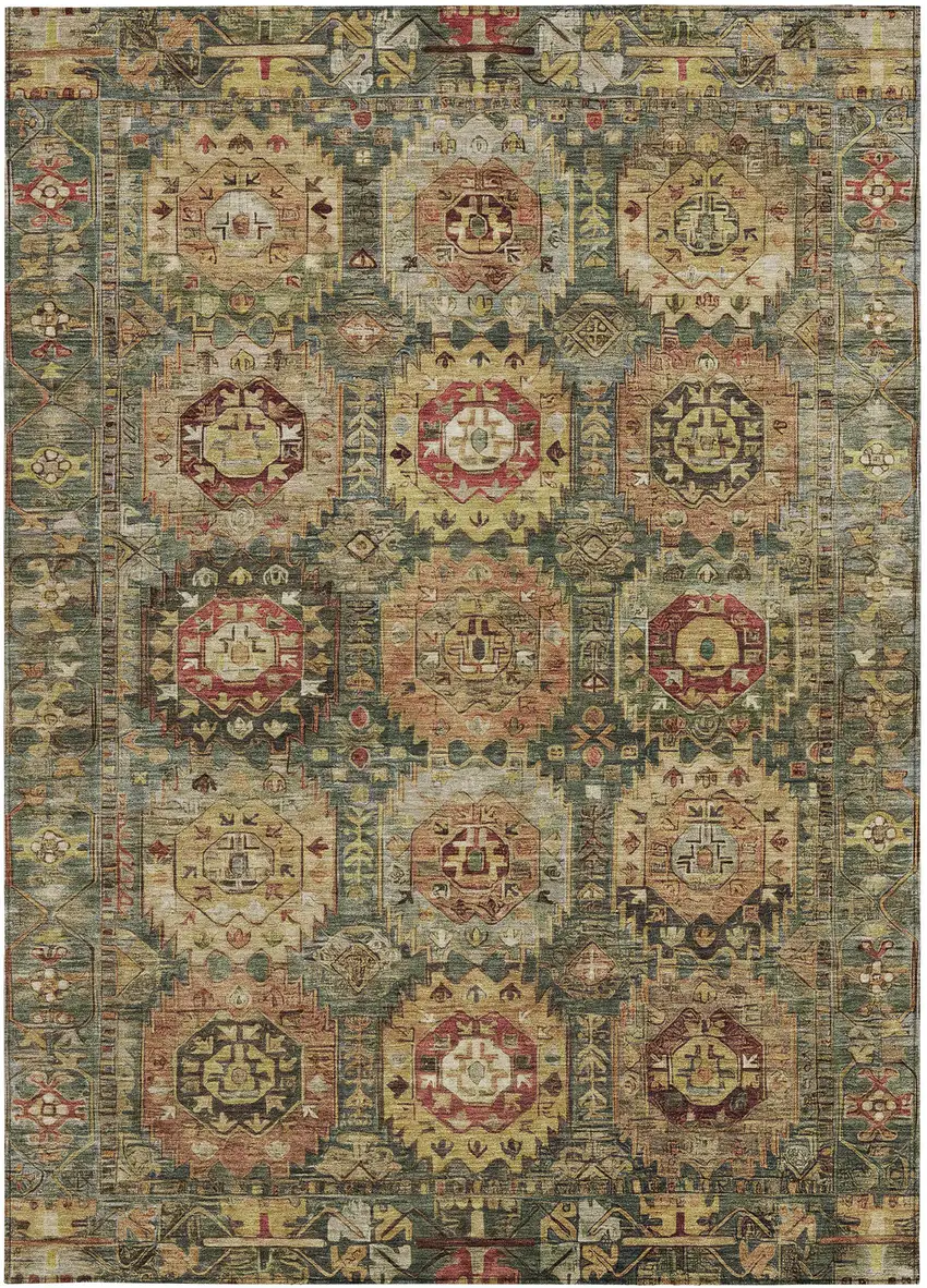 Artichoke Green Gold And Beige Medallion Washable Indoor Outdoor Area Rug Photo 3