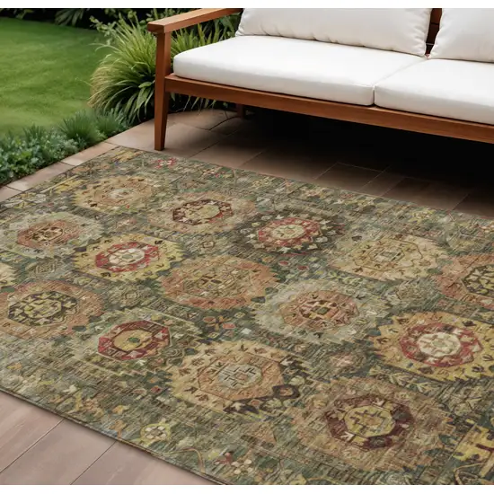 Artichoke Green Gold And Beige Medallion Washable Indoor Outdoor Area Rug Photo 2
