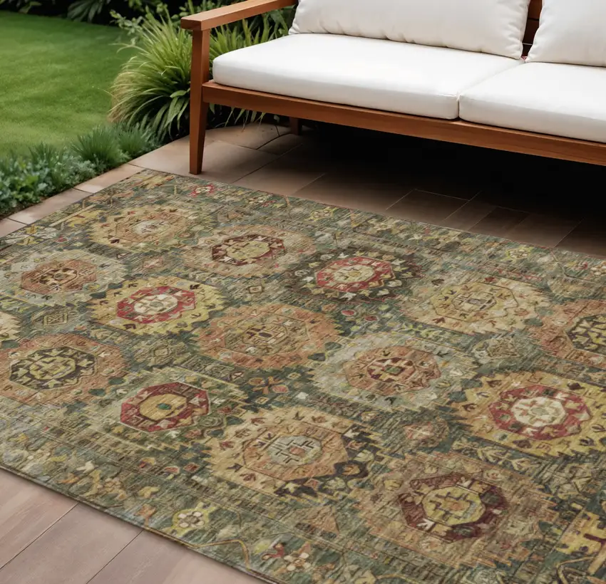 Artichoke Green Gold And Beige Medallion Washable Indoor Outdoor Area Rug Photo 2