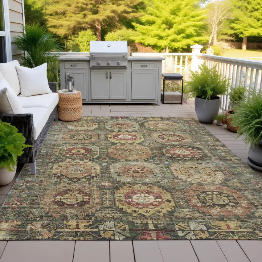 Artichoke Green Gold And Beige Medallion Washable Indoor Outdoor Area Rug Photo 5