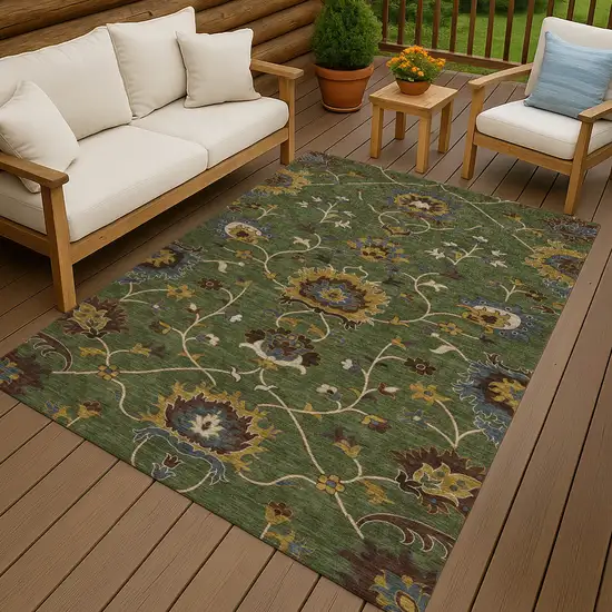 Artichoke Green Gold And Blue Floral Washable Indoor Outdoor Area Rug Photo 9
