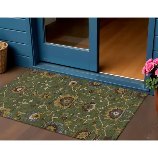 Artichoke Green Gold And Blue Floral Washable Indoor Outdoor Area Rug Photo 1