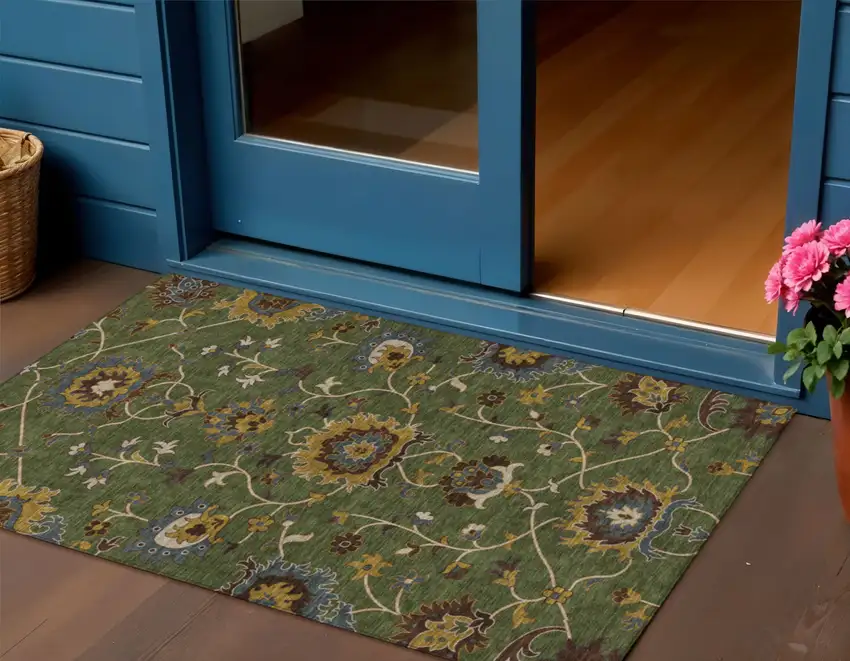 Artichoke Green Gold And Blue Floral Washable Indoor Outdoor Area Rug Photo 1