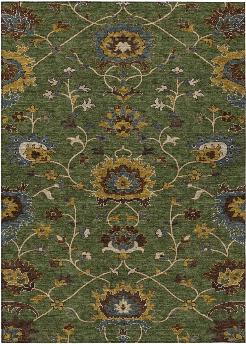 Artichoke Green Gold And Blue Floral Washable Indoor Outdoor Area Rug Photo 2