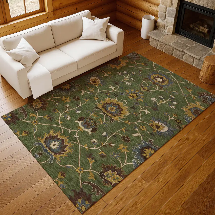 Artichoke Green Gold And Blue Floral Washable Indoor Outdoor Area Rug Photo 8