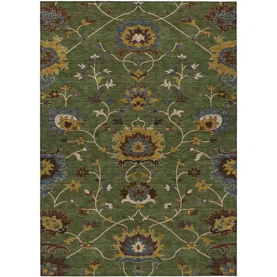 Artichoke Green Gold And Blue Floral Washable Indoor Outdoor Area Rug Photo 2