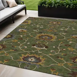 Photo of Artichoke Green Gold And Blue Floral Washable Indoor Outdoor Area Rug