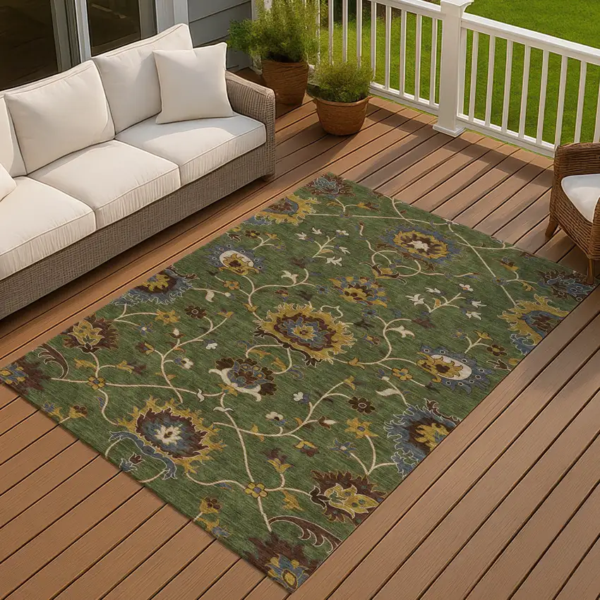 Artichoke Green Gold And Blue Floral Washable Indoor Outdoor Area Rug Photo 8