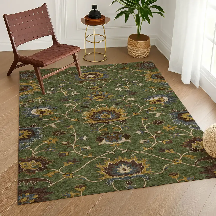 Artichoke Green Gold And Blue Floral Washable Indoor Outdoor Area Rug Photo 9