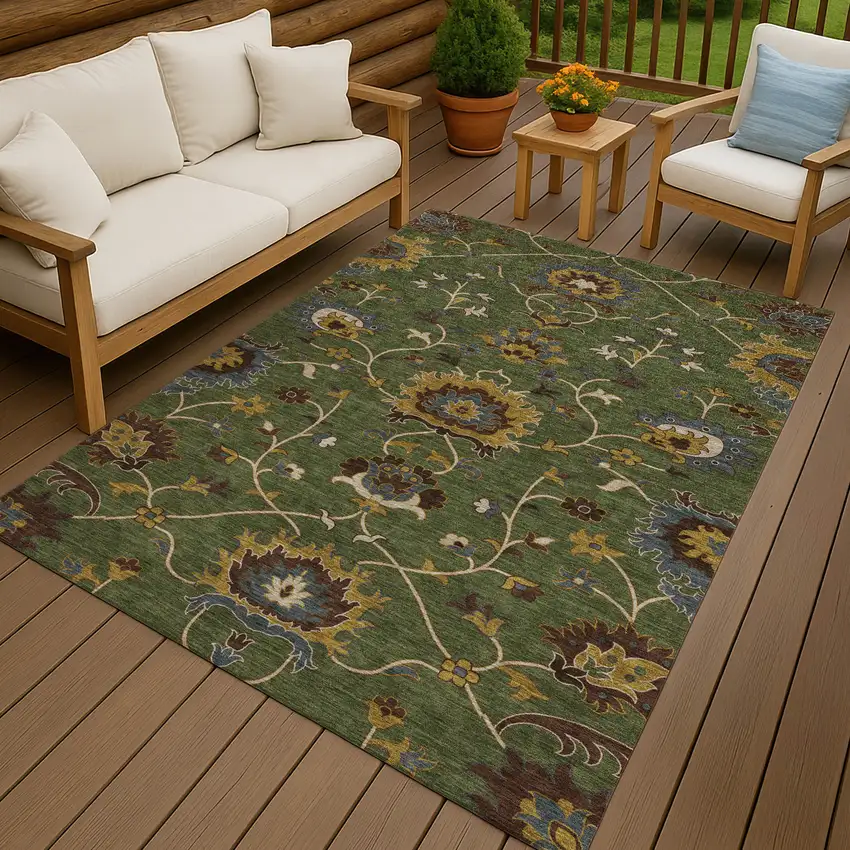 Artichoke Green Gold And Blue Floral Washable Indoor Outdoor Area Rug Photo 9