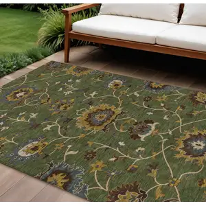 Photo of Artichoke Green Gold And Blue Floral Washable Indoor Outdoor Area Rug