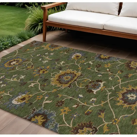 Artichoke Green Gold And Blue Floral Washable Indoor Outdoor Area Rug Photo 1