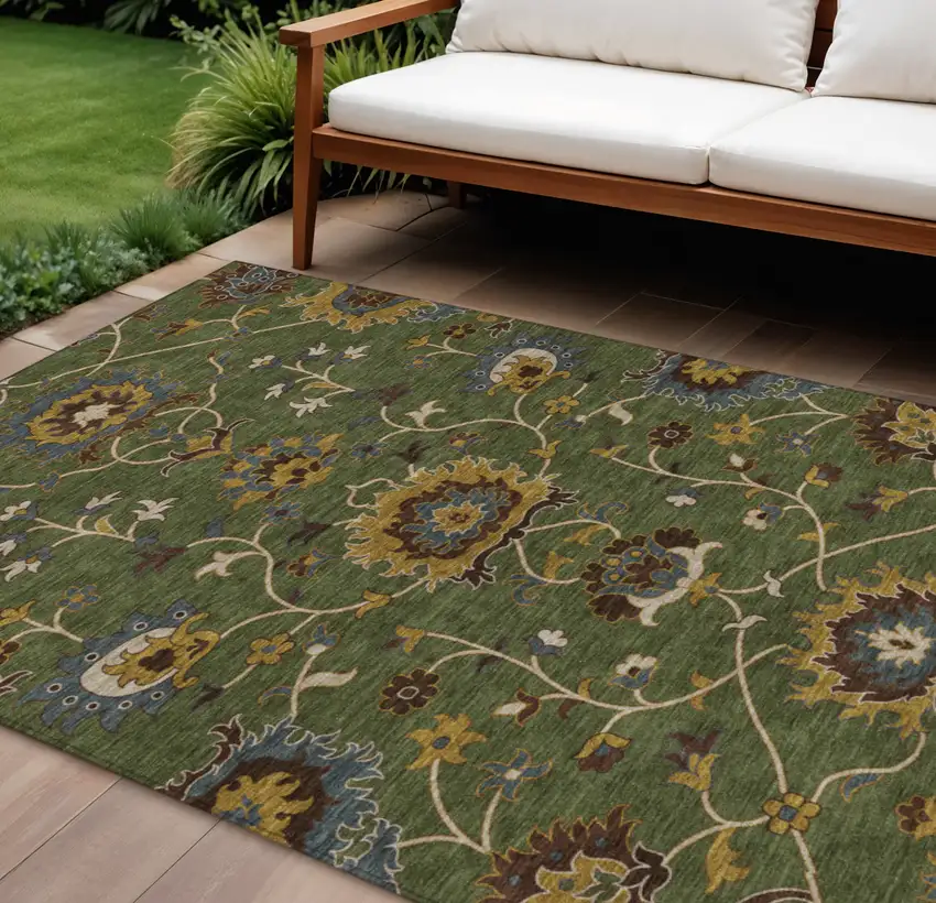 Artichoke Green Gold And Blue Floral Washable Indoor Outdoor Area Rug Photo 1