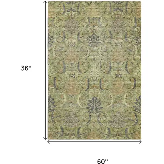 Artichoke Green Gold And Charcoal Damask Washable Area Rug With UV Protection Photo 9