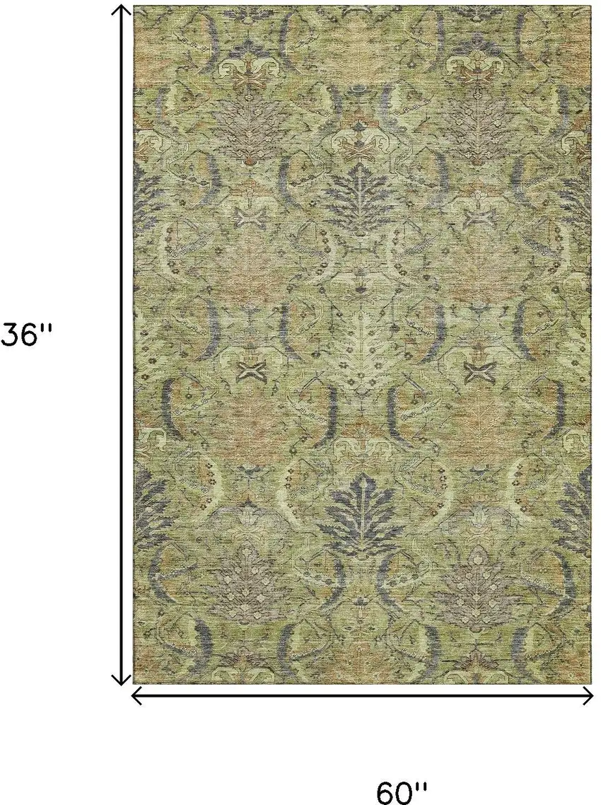 Artichoke Green Gold And Charcoal Damask Washable Area Rug With UV Protection Photo 9