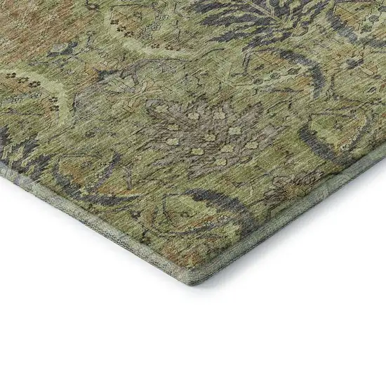 Artichoke Green Gold And Charcoal Damask Washable Area Rug With UV Protection Photo 7