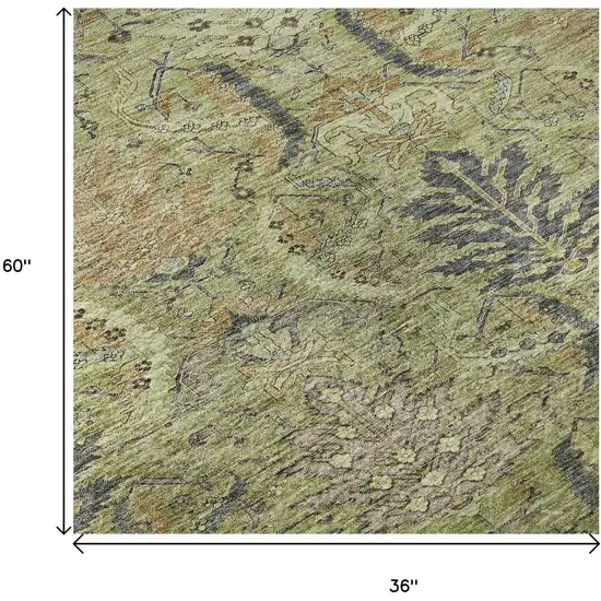 Artichoke Green Gold And Charcoal Damask Washable Area Rug With UV Protection Photo 9