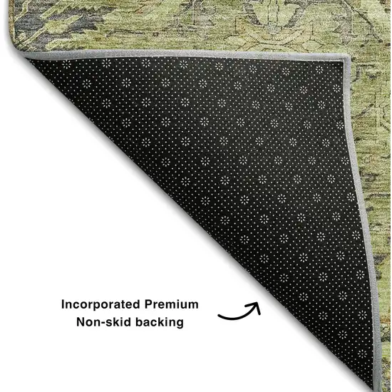 Artichoke Green Gold And Charcoal Damask Washable Area Rug With UV Protection Photo 6