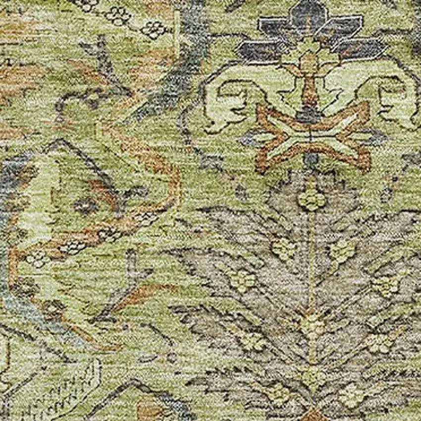 Artichoke Green Gold And Charcoal Damask Washable Area Rug With UV Protection Photo 3
