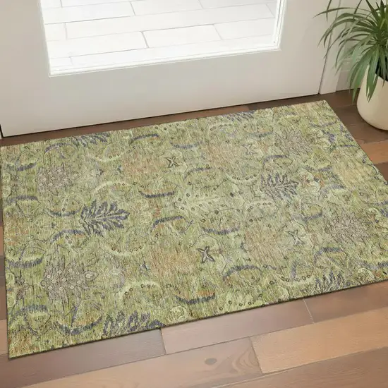 Artichoke Green Gold And Charcoal Damask Washable Area Rug With UV Protection Photo 1