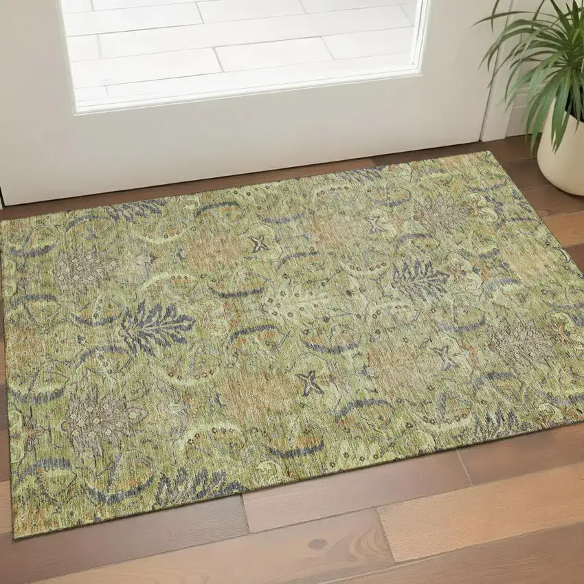 Artichoke Green Gold And Charcoal Damask Washable Area Rug With UV Protection Photo 1