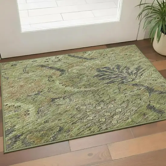 Artichoke Green Gold And Charcoal Damask Washable Area Rug With UV Protection Photo 2