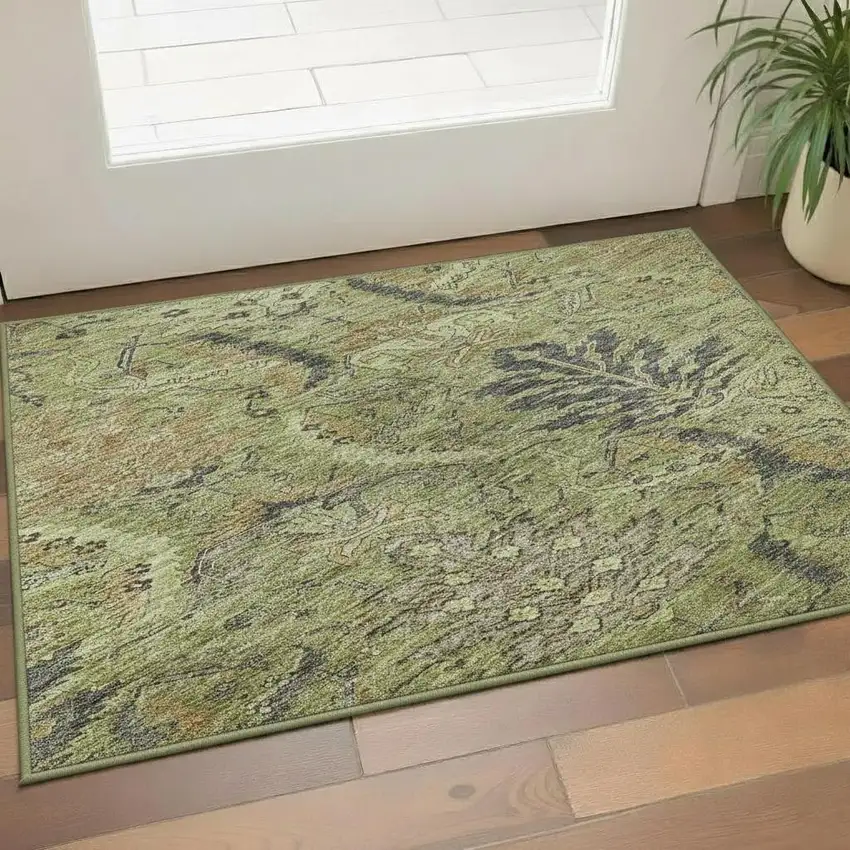 Artichoke Green Gold And Charcoal Damask Washable Area Rug With UV Protection Photo 2