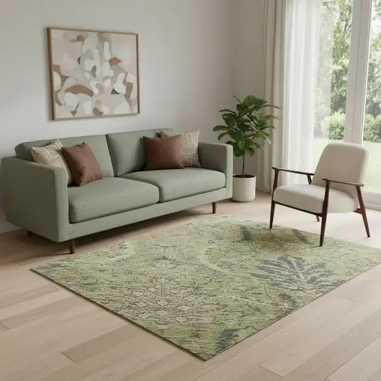 Artichoke Green Gold And Charcoal Damask Washable Area Rug With UV Protection Photo 2