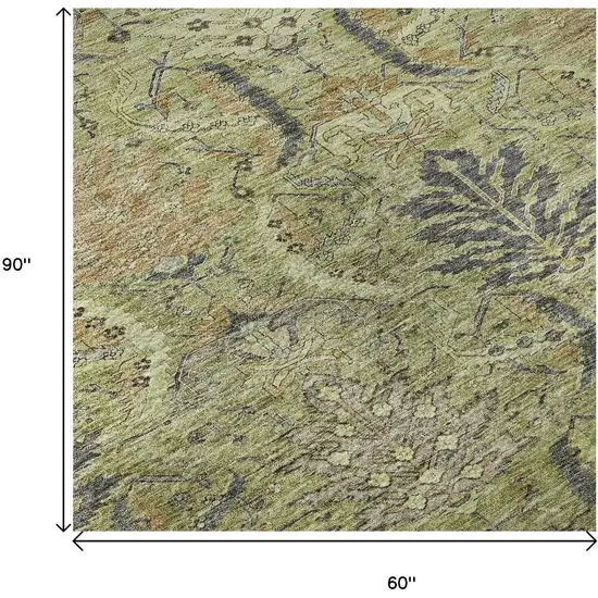 Artichoke Green Gold And Charcoal Damask Washable Area Rug With UV Protection Photo 9