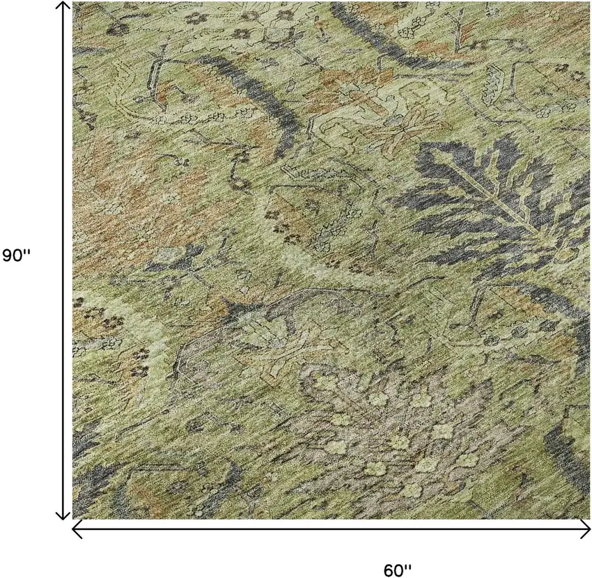 Artichoke Green Gold And Charcoal Damask Washable Area Rug With UV Protection Photo 9