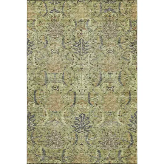 Artichoke Green Gold And Charcoal Damask Washable Area Rug With UV Protection Photo 5