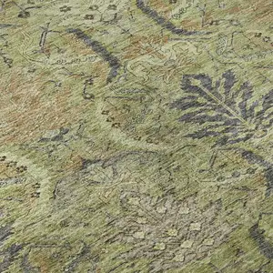 Photo of Artichoke Green Gold And Charcoal Damask Washable Area Rug With UV Protection